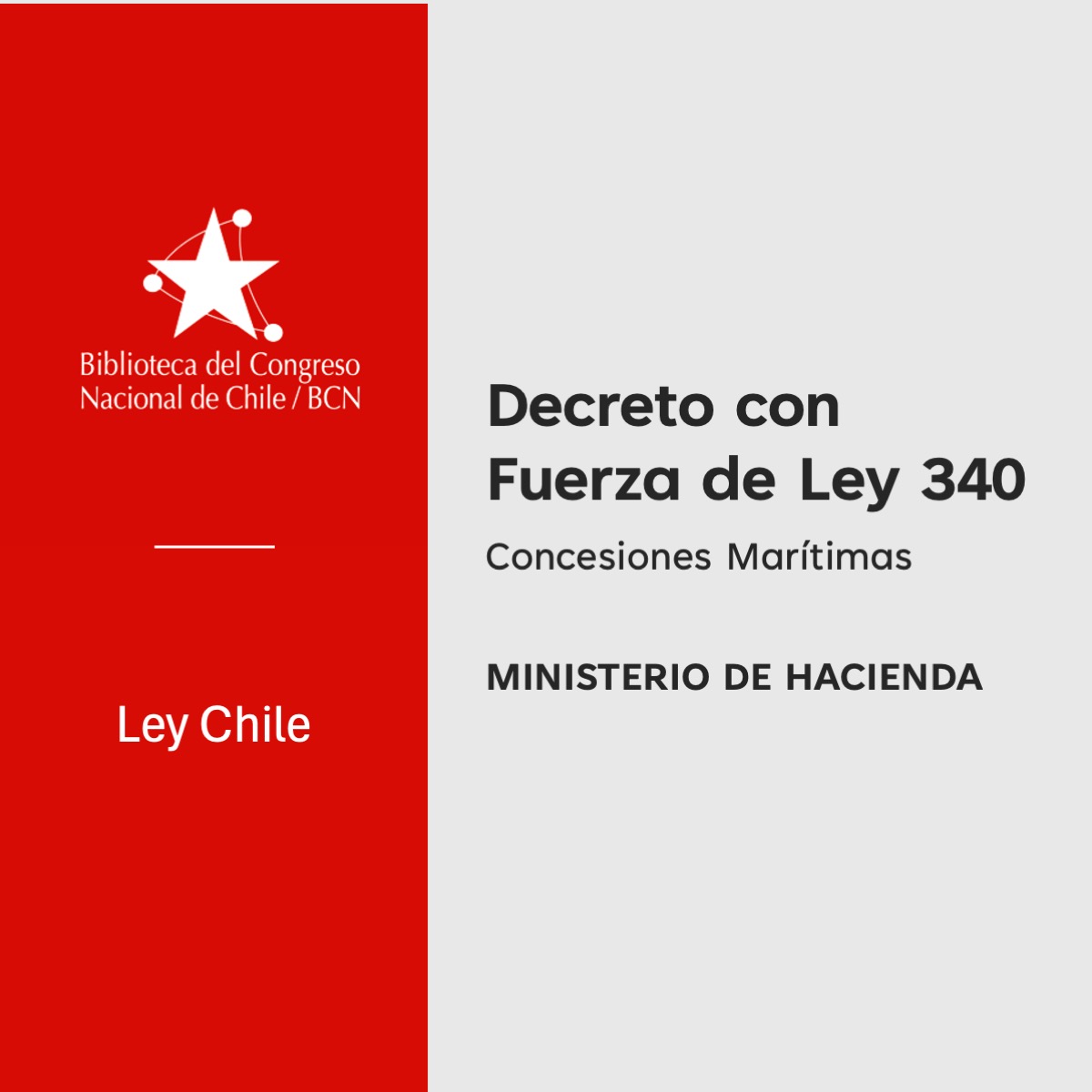 Split-page cover: red left panel with the Biblioteca del Congreso Nacional de Chile logo and 'Ley Chile'; gray right panel shows the title 'Decreto con Fuerza de Ley 340' and 'Concesiones Marítimas' with 'Ministerio de Hacienda' below.