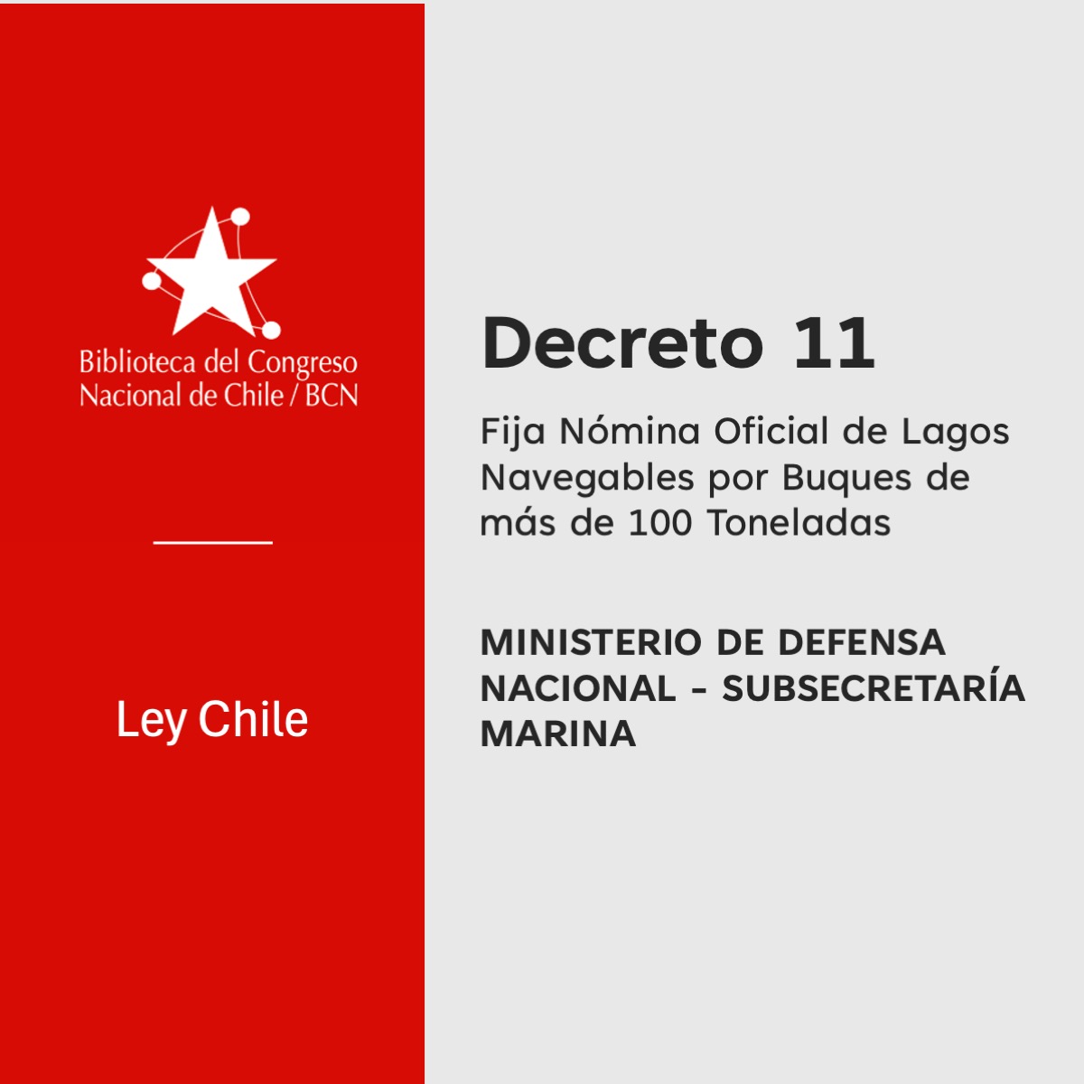 Poster-style government document cover with a red left panel displaying the Biblioteca del Congreso Nacional de Chile logo and 'Ley Chile'; the right panel is light gray with 'Decreto 11' in large bold text, followed by Spanish subtitle about the official list of navigable waterways for ships over 100 tons, and 'MINISTERIO DE DEFENSA NACIONAL – SUBSECRETARÍA MARINA' in bold letters.