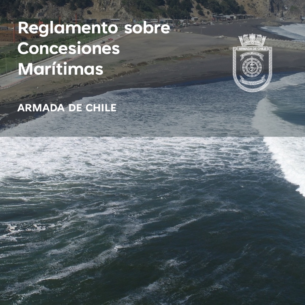 Cover slide for Reglamento sobre Concesiones Marítimas by Armada de Chile, with coastal scene and navy emblem.